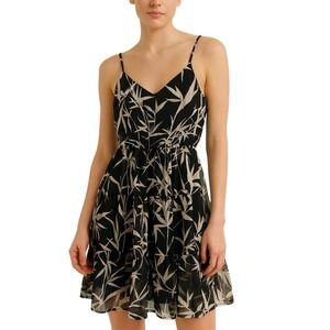 Express XS Black and Beige Leaf‎ Print Sleeveless Boho Mini Tiered Dress Flowy